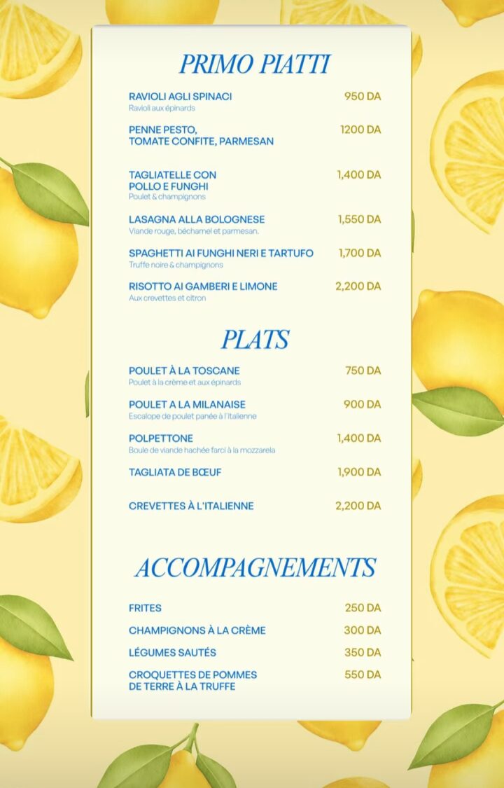 Carte des primi piatti et plats italiens